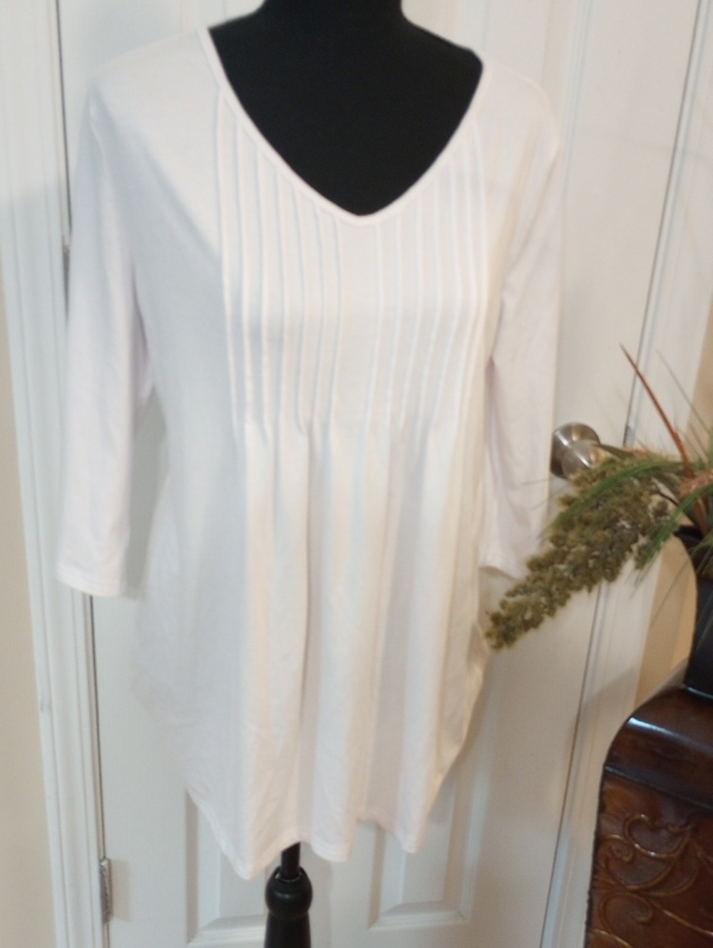 Pleated V-Neck White Tunic Top